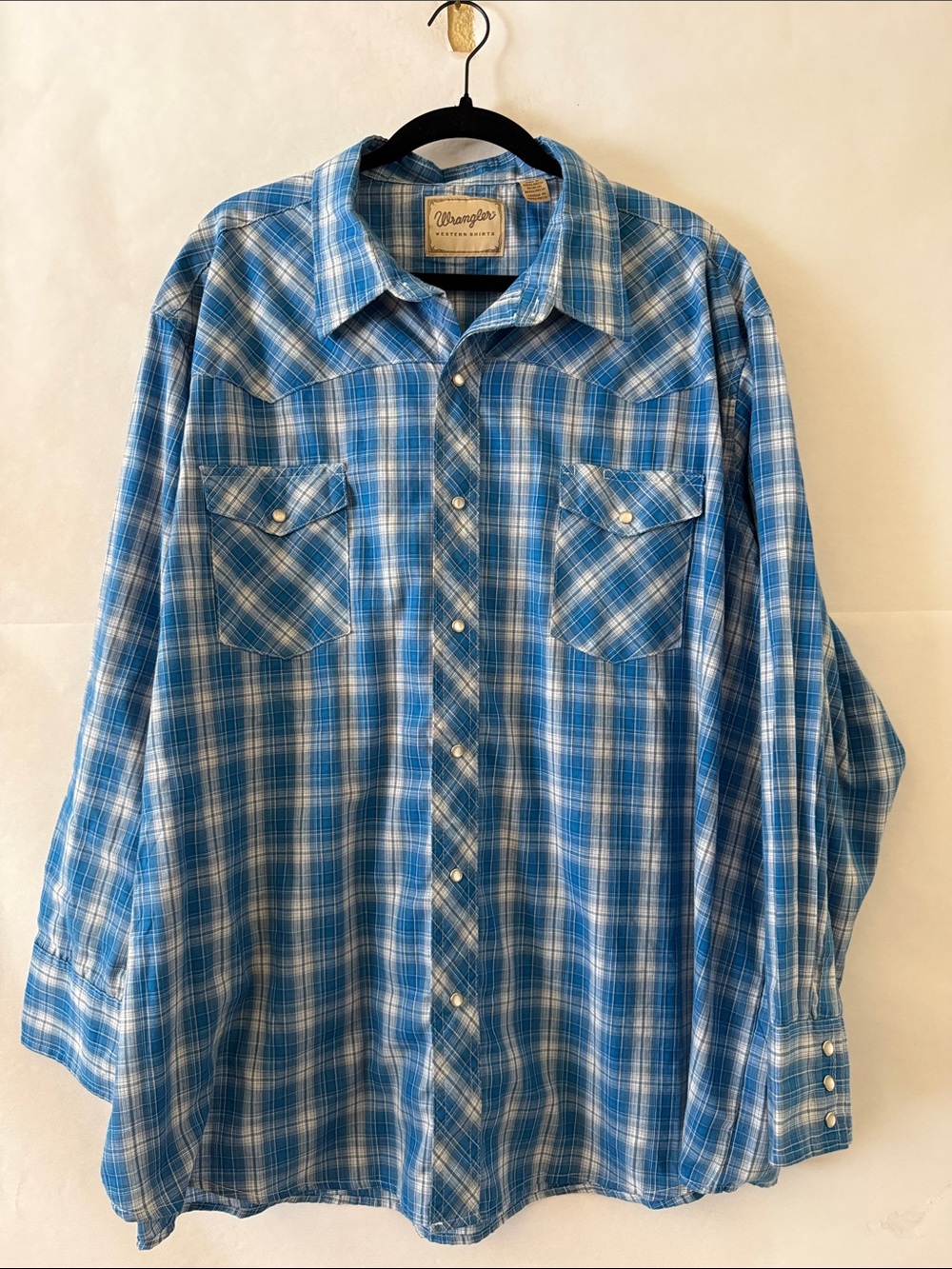 Wrangler Blue Plaid Pearl Snap Men's Size 3XL Button Long Sleeve Western Shirt